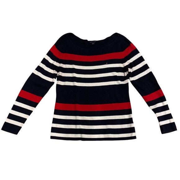 Tommy Hilfiger XL Women Striped Long Sleeve Cotton Top Navy Red White Nautical - Picture 1 of 7